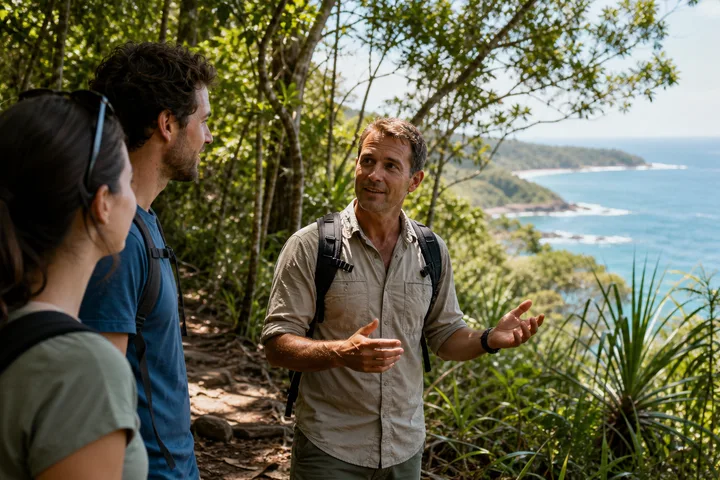 Local guide leading guests on a coastal rainforest walk